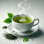 Image alt text: “A cup of fresh green tea is placed on a table next to fresh and dried green tea leaves. Steam is visible rising from the cup, reflecting the warmth and purity of the tea. The image is used as the front page for an article about green tea and its health benefits, as it is considered a drink rich in antioxidants and beneficial For public health.