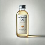 Image alt text: A bottle of sweet almond oil sits next to whole, peeled almonds on a wooden table. The oil's light golden color reflects its purity and quality. This image is used as the front page for an article about sweet almond oil and its benefits. It is considered a popular natural ingredient for skin and hair care, thanks to its richness in nourishing vitamins and minerals.