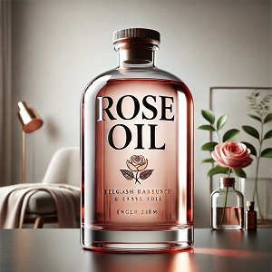 Main image of an article about rose oil – A bottle of rose oil appears next to fresh rose petals against a beautiful, calm background, highlighting the soft pink color of the roses. The picture expresses the aromatic nature of rose oil and its cosmetic and health benefits, as it is used in skin and hair care thanks to its moisturizing and antioxidant properties.