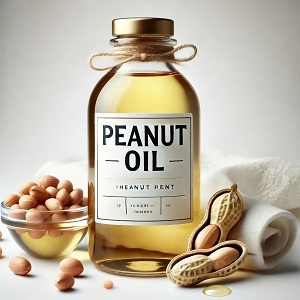 A bottle of golden peanut oil placed on a wooden surface, surrounded by fresh peanuts in their shells and green leaves. The warm, natural lighting emphasizes the purity and organic quality of the oil, setting a natural and wholesome tone for the article.