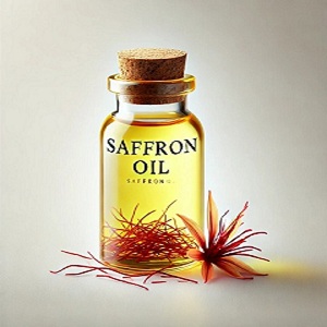 "Main image for the article featuring a small glass bottle of saffron oil placed on a wooden surface, surrounded by vibrant saffron threads. The bottle’s rich golden-yellow color highlights the luxury and purity of saffron oil. This visual represents the natural and premium quality of saffron oil, emphasizing its uses and benefits in wellness, skincare, and haircare.