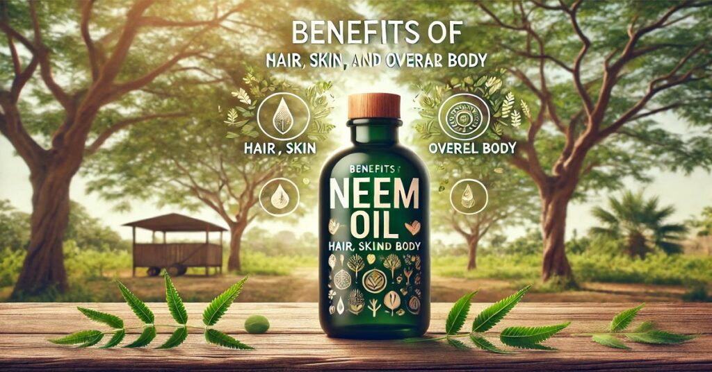 The health benefits of neem oil include improving skin and hair health thanks to its antibacterial and antifungal properties. Neem oil is used to reduce inflammation, treat acne, moisturize dry skin, and helps treat skin conditions such as eczema and psoriasis. For hair, neem oil promotes scalp health, reduces dandruff, and stimulates the growth of strong, healthy hair. Neem oil is an effective natural option for those looking for a complete solution to skin and hair problems