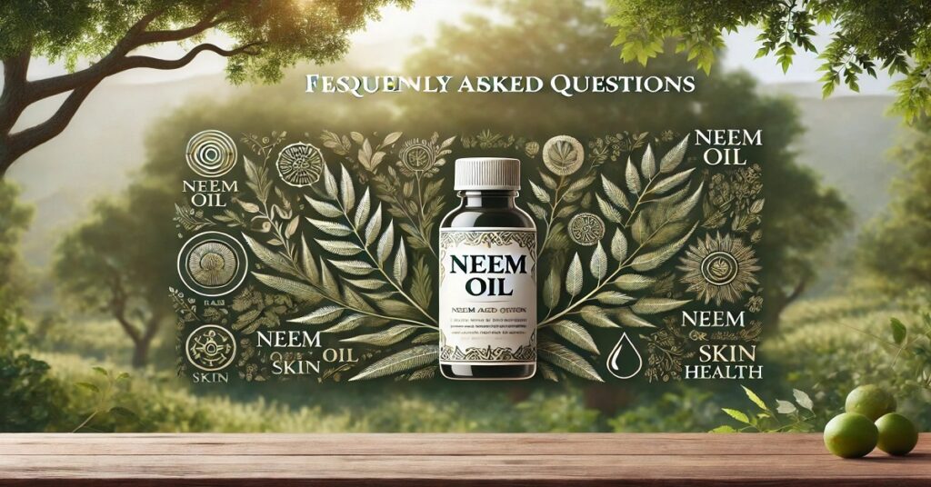 Frequently asked questions about neem oil cover multiple topics, such as its benefits for the skin and hair, how to use it safely, and the best ways to dilute it to avoid irritation. Questions also include: Can neem oil be used on sensitive skin? What benefits does it provide for hair and scalp? Is neem oil suitable for all skin types? How can it be used to treat acne and eczema? These questions help users understand how to best utilize neem oil for personal care and natural treatment.