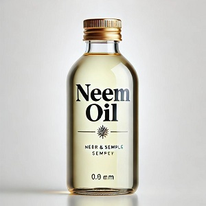 Pure natural neem oil in a bottle, surrounded by fresh green neem leaves; An oil famous for its therapeutic benefits for the skin and hair.