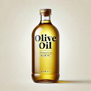 Bottle of extra virgin olive oil with olive kernels and olive leaves; A natural oil known for its many health and nutritional benefits.