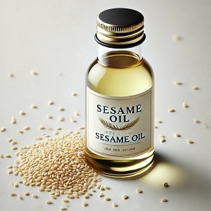 A bottle of sesame oil sits next to sesame seeds on a warm wooden surface, showing off the deep golden color and purity of the oil. This image is used as the main front page for an article about sesame oil and its many benefits. It is considered a healthy oil rich in fatty acids and antioxidants, and is used in cooking and skin and hair care.