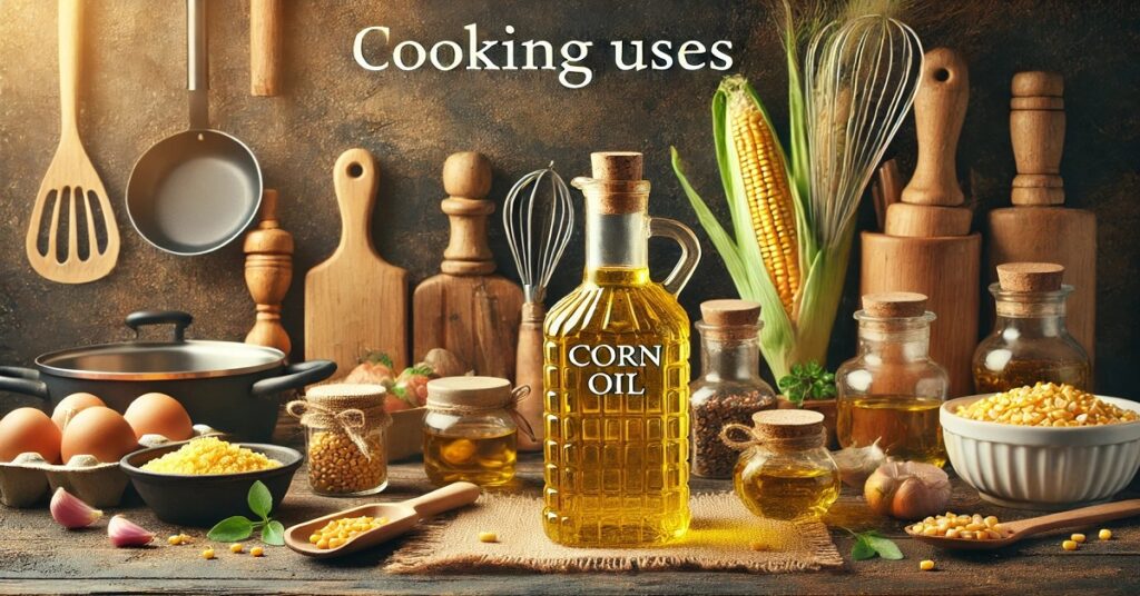 A bottle of corn oil is placed next to fresh ingredients such as vegetables and spices, along with cooking utensils, highlighting the use of corn oil in cooking. The image suggests healthy ingredients and delicious meals prepared using corn oil, which is known for its lightness and health benefits and is an ideal choice for everyday cooking.