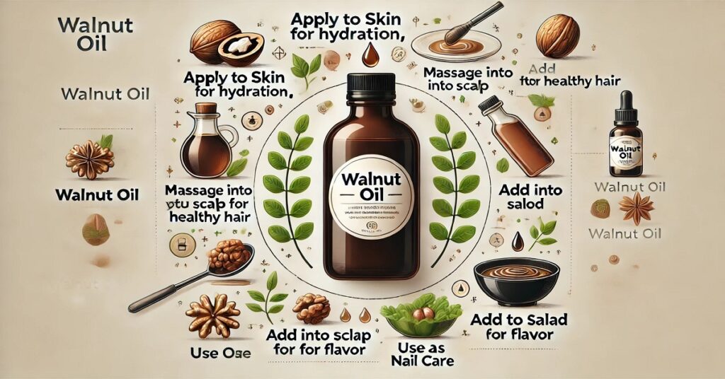 How to use walnut oil, featuring tips for applying it to skin and hair, as well as culinary suggestions for adding flavor and health benefits to meals.