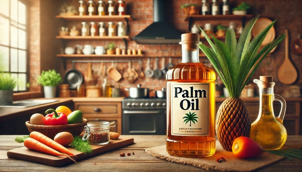 A wide-screen image of a bottle of palm oil in a rich golden-orange color, placed on a warm kitchen table and surrounded by fresh ingredients such as vegetables, herbs and spices, highlights the culinary uses of palm oil. Natural lighting gives the picture a homey and inviting feel, with a wooden counter backdrop enhancing the cozy kitchen ambiance.