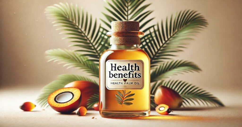 Widescreen image of a gold-orange palm oil bottle labeled 'Health Benefits' in English. The bottle is surrounded by natural elements such as palm fruits and green palm leaves, symbolizing the health benefits of palm oil. The background is neutral and the lighting is warm, highlighting the purity of the oil and its nutritional and natural benefits.