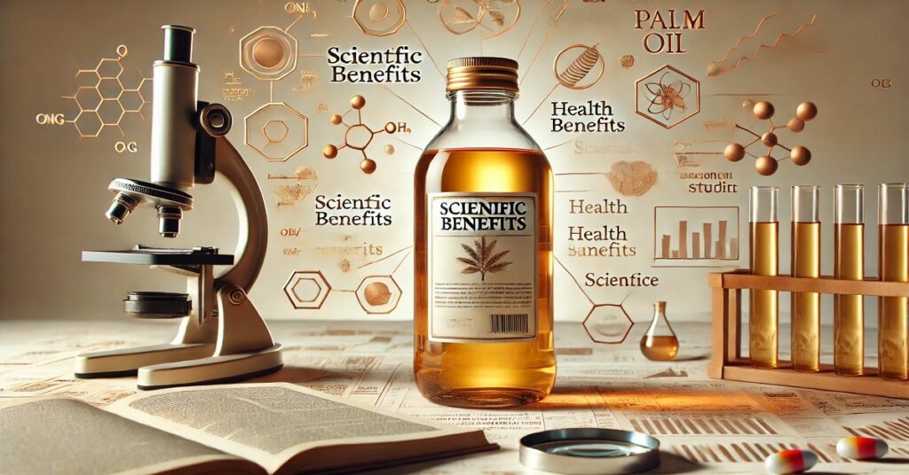 Widescreen image of a small bottle of palm oil labeled 'Scientific Benefits' in English. The bottle is surrounded by elements representing scientific research, such as open books, scientific notes, and a microscope, symbolizing the health benefits backed by studies. The background is neutral and the lighting is warm, which enhances the scientific character and highlights the nutritional value of palm oil