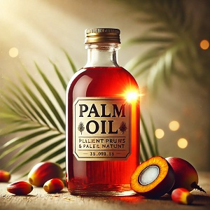 Main image of palm oil on the website – A bottle of palm oil appears next to orange palm fruits on a natural background, reflecting the rich color and purity. Palm oil is known for its golden color and its culinary benefits. It is used thanks to its stability at high temperatures and its content of healthy fats.