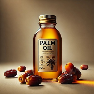 Close-up of a small bottle of palm oil in a rich golden-orange colour. The bottle appears against a neutral background, highlighting the oil's natural color and thick consistency. The light gives the oil a glow, reflecting its purity and richness, making the perfect image to showcase the health and natural benefits of palm oil.