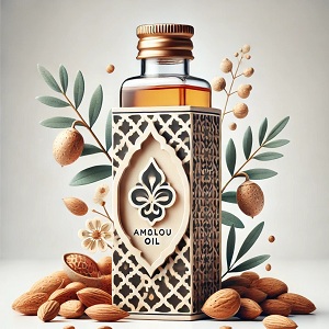 "Amlou oil bottle containing a rich, golden oil derived from roasted almonds and argan oil, traditionally used for its delicious taste and health benefits."