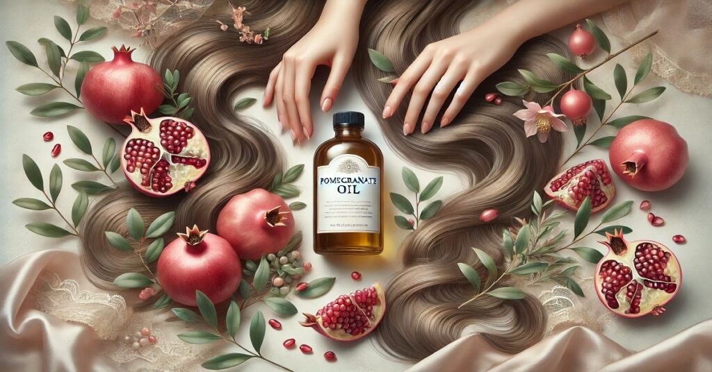 Benefits of pomegranate seed oil for hair, emphasizing its nourishing and strengthening properties that promote healthy, shiny, and resilient hair.