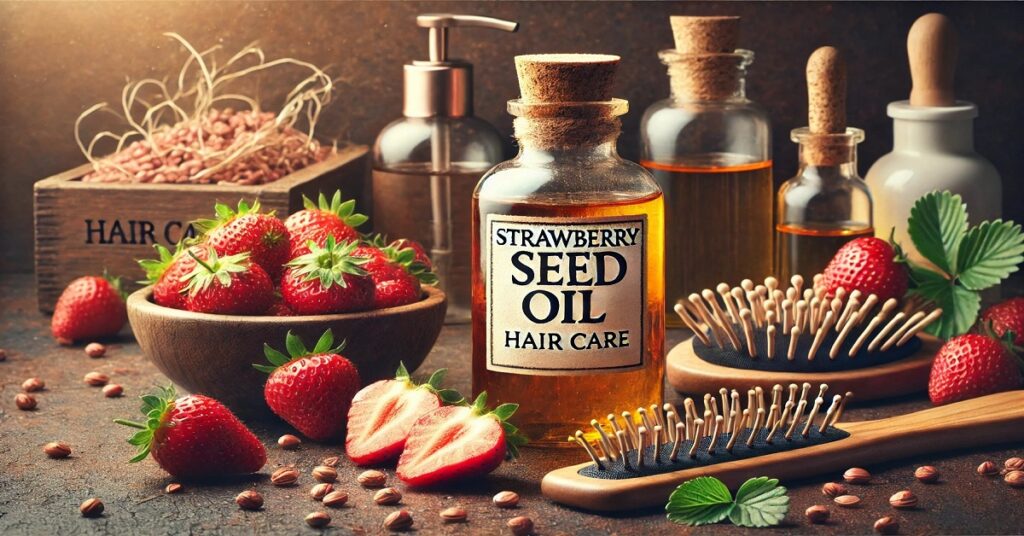 Image of Strawberry Seed Oil for skin and hair care, showing a warm golden oil bottle surrounded by fresh strawberries. The oil expresses its natural benefits to moisturize the skin and enhance hair softness and shine, making it an ideal choice for those looking for a natural and effective care routine.