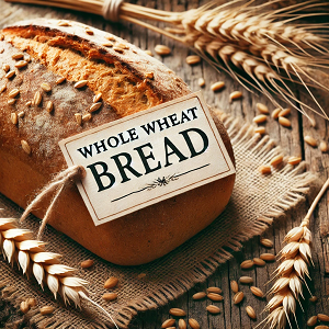 Image of fresh whole wheat bread, with a golden brown crust, surrounded by wheat grains and wheat sticks on a wooden surface, reflecting a warm and natural feel. Whole wheat bread is a healthy choice and rich in fiber and nutrients.