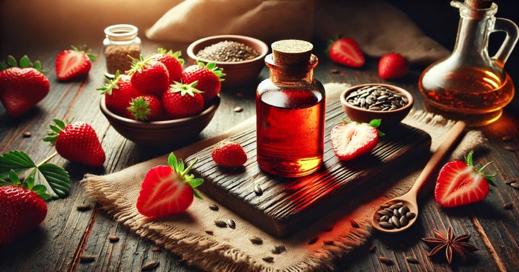 A rendered photo of a bottle of strawberry seed oil neatly placed next to fresh strawberries. The image shows the oil in its warm golden color and highlights the natural and pure character of the product, symbolizing the benefits of strawberry seed oil for skin and hair care. The setting of the photo is simple and attractive with dim lighting, reflecting the quality and effectiveness of the oil.