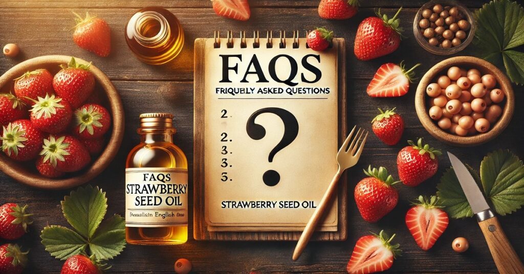 An image of a strawberry seed oil bottle with a background of fresh strawberries and stationery, including a notebook with a question mark, symbolizing the Frequently Asked Questions (FAQs) section about strawberry seed oil. The photo setting features warm lighting and a rustic atmosphere that emphasizes the natural character and health benefits of strawberry seed oil.