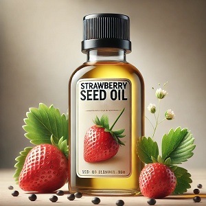 The front image of the main article shows a bottle of strawberry seed oil next to fresh strawberries, in a simple and attractive design. The image highlights the oil's golden color and natural character, indicating its potential skin and hair care benefits, and giving the impression of purity and quality.