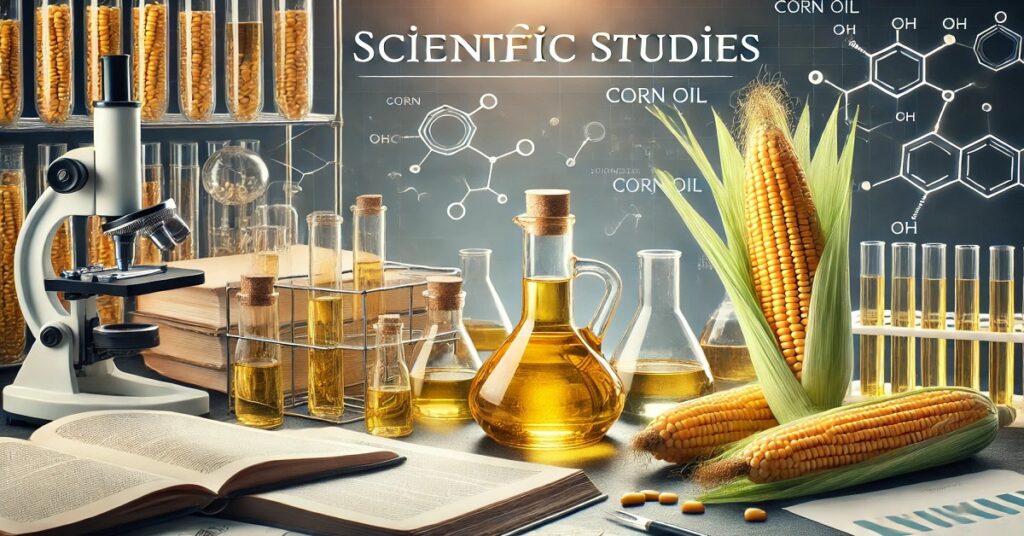 A picture of the Department of Scientific Studies on Corn Oil, containing a bottle of corn oil next to laboratory tools such as test tubes and a microscope, along with research papers. The image aims to illustrate scientific research and studies that focus on the health benefits of corn oil and its multiple uses, while highlighting the scientific and educational nature.