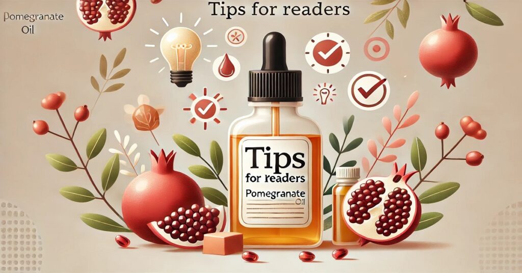 Here are some helpful tips for using pomegranate oil effectively in your beauty and wellness routine. To get the most out of its skin benefits, apply a few drops of pomegranate oil as a facial serum at night for deep hydration and a youthful glow. For hair care, massage the oil into your scalp and hair, leave it on for at least 30 minutes, then rinse for added shine and strength. Always store pomegranate oil in a cool, dark place to preserve its potency. Remember to do a patch test before use if you have sensitive skin. With regular application, pomegranate oil can enhance the health and appearance of both your skin and hair.