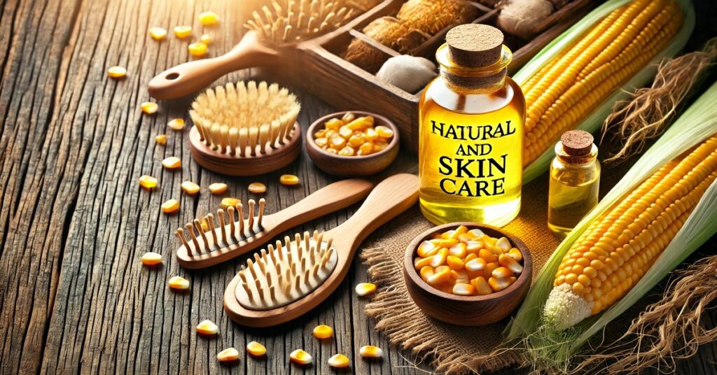 A small bottle containing golden corn oil, placed next to skin and hair care tools. The oil shows off its lustrous golden color and its moisturizing and nourishing benefits for the skin and hair, enhancing skin softness and hair's natural shine. The photo suggests the radiance and natural care that corn oil provides to beauty.