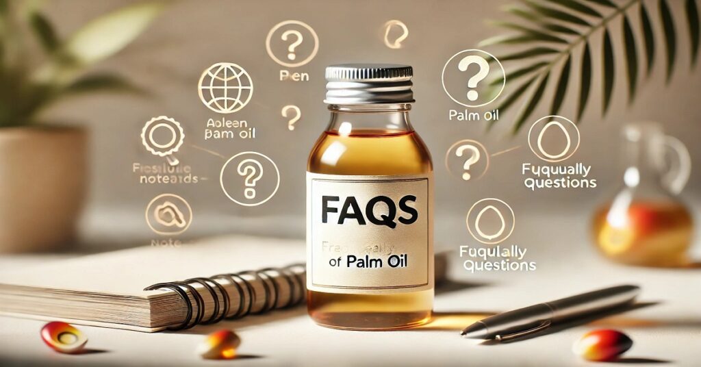 Widescreen image of a small bottle of palm oil labeled 'FAQs' in English. The bottle sits on a tabletop, surrounded by an open notebook and pen, with question symbols representing a frequently asked questions section about palm oil. The background is neutral and the lighting is warm, creating an inviting feel that directs users to useful information about the oil.