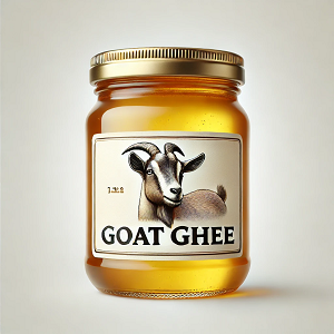 A main picture of natural local goat ghee, showing a small-sized package bearing an attractive golden color that reflects the quality of the product and its health and aesthetic benefits.