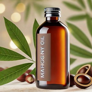 Main image of mahogany oil on the website – A bottle of mahogany oil is shown next to brown mahogany seeds on a calm natural background. The oil's dark, rich color reflects its purity and many health benefits. It is used to promote healthy skin and hair thanks to its nourishing and antioxidant properties.