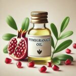 Pomegranate Oil: A captivating image showcasing a bottle of golden pomegranate oil surrounded by fresh pomegranate seeds and a whole fruit, symbolizing its natural purity and health benefits.