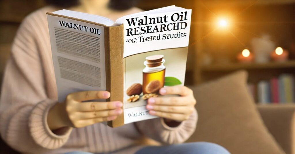 Trusted research on walnut oil, detailing studies on its health benefits, including heart health support, anti-inflammatory effects, and skin nourishment.