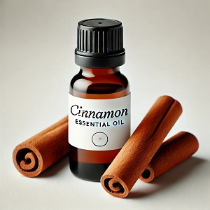 A close-up image of a small brown glass bottle labeled "Cinnamon Essential Oil," placed on a light background. The bottle is accompanied by two cinnamon sticks positioned beside it, emphasizing the natural and aromatic source of the essential oil. The minimalist design and clean background create a focus on the purity and simplicity of the cinnamon essential oil product