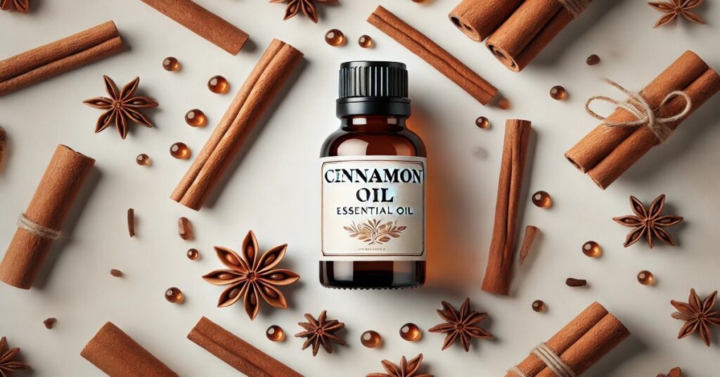 A close-up image of a brown glass bottle labeled "Cinnamon Oil Essential Oil," surrounded by cinnamon sticks, star anise, and small amber-colored oil droplets. The background is a clean, light surface, highlighting the natural and aromatic qualities of the cinnamon oil. The arrangement emphasizes the warm, earthy tones of the ingredients, creating a visually appealing, health and wellness-focused theme.