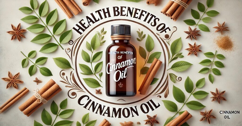 An inviting image featuring a brown bottle labeled "Health Benefits of Cinnamon Oil" placed at the center. The bottle is surrounded by cinnamon sticks, green leaves, star anise, and a sprinkle of cinnamon powder, all arranged on a light background. The phrase "Health Benefits of Cinnamon Oil" is written in bold, curved text around the bottle, emphasizing the natural health benefits associated with cinnamon oil. The overall design is clean and earthy, highlighting the natural and aromatic qualities of cinnamon oil.