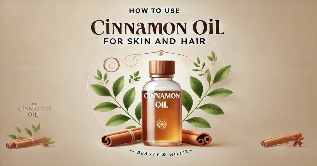 A wide, aesthetically pleasing image with the title "How to Use Cinnamon Oil for Skin and Hair" written at the top in elegant font. A glass bottle labeled "Cinnamon Oil" sits in the center, surrounded by cinnamon sticks, green leaves, and subtle decorative swirls on a soft beige background. The text "Beauty & Wellness" is written at the bottom, emphasizing the oil's uses for skincare and haircare. The overall design is clean and inviting, focusing on the natural beauty and health benefits of cinnamon oil.