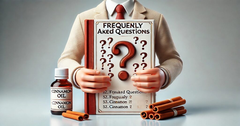 A realistic image of a person in a beige suit holding a book titled "Frequently Asked Questions," with multiple question marks on the cover, symbolizing curiosity and inquiry. Next to the person is a small brown bottle labeled "Cinnamon Oil," and several cinnamon sticks are arranged on the light surface. The setup emphasizes an informative and inquisitive theme about cinnamon oil, inviting readers to explore common questions and answers related to the product.