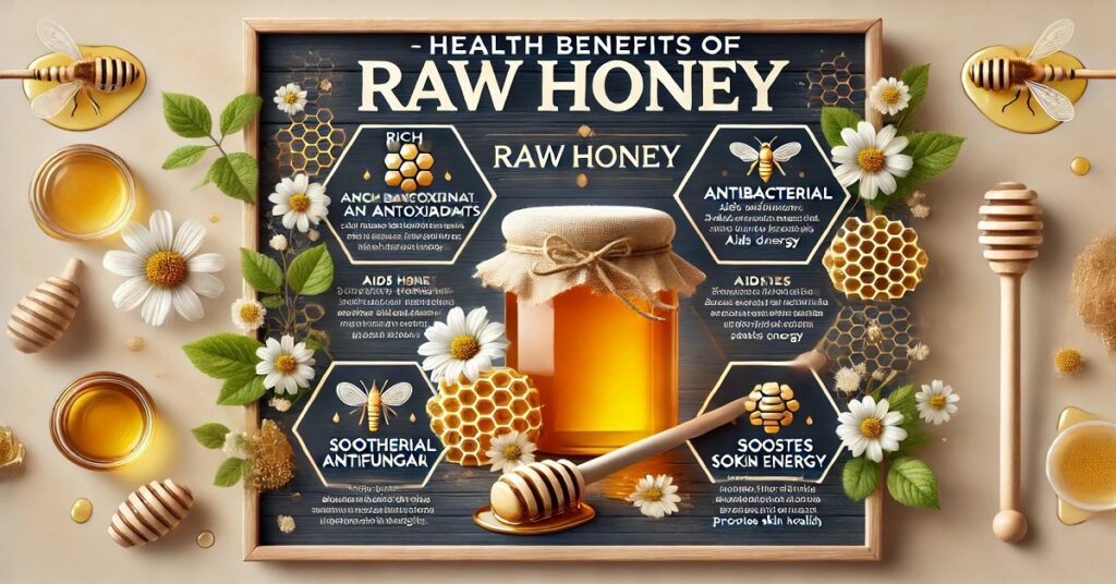 "An informative and visually appealing image titled 'Health Benefits of Raw Honey,' featuring a jar of raw honey with a honey dipper, surrounded by honeycomb, flowers, and decorative elements. The image lists key health benefits of raw honey in bold sections: 'Rich in Antioxidants,' 'Antibacterial,' 'Aids Digestion,' 'Soothes Sore Throats,' 'Boosts Energy,' and 'Promotes Skin Health.' Each benefit is highlighted with a small icon or honeycomb pattern, creating an engaging, educational presentation about the natural advantages of raw honey.