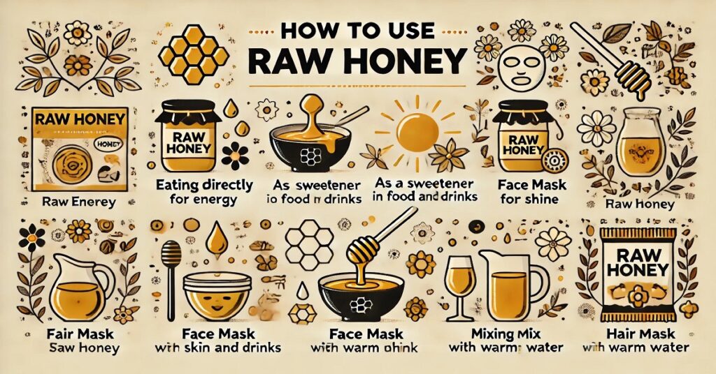 "An educational image titled 'How to Use Raw Honey,' illustrating various applications of raw honey in daily life. The image showcases different uses with icons and labels:  Eating directly for energy – Consuming raw honey as a natural energy booster. As a sweetener in food and drinks – Adding honey as a healthier alternative to sugar. Face mask for hydration – Using honey for skin moisturization. Face mask for shine – Enhancing skin glow by applying honey as a mask. Hair mask – Mixing honey for hair care to add shine. Mixing with warm water – Using honey in warm water for a soothing drink. The design includes natural elements like honeycomb, flowers, and honey dippers, creating an appealing and organic visual style ideal for sharing health tips.