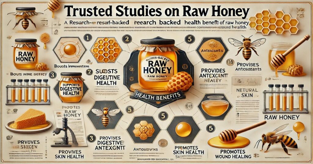  قال ChatGPT: ChatGPT "An educational image titled 'Trusted Studies on Raw Honey,' presenting research-backed health benefits of raw honey. The image includes visuals of a honey jar, honeycomb, a bee, and scientific elements like test tubes and a microscope, emphasizing its natural and scientific value. Key benefits are highlighted:  Boosts Immune System – Enhances immunity with natural antioxidants. Supports Digestive Health – Contains enzymes that aid digestion. Provides Antioxidants – Rich in compounds that protect cells from damage. Natural Energy Source – Supplies sustained energy through natural sugars. Improves Skin Health – Soothes and hydrates skin, beneficial for skincare. Promotes Wound Healing – Has antibacterial properties that aid in wound recovery. The design is both informative and visually engaging, ideal for understanding the health advantages of raw honey through trusted studies.