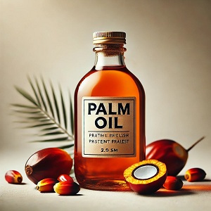 High quality close-up image of a small bottle of palm oil labeled 'Palm Oil'. The bottle features a rich golden-orange colour, surrounded by fresh palm fruits and green palm leaves, enhancing the natural and attractive character of the product. The background is neutral and the lighting is soft, highlighting the purity of the oil and the details of the fruit, giving the image a warm and organic appeal.