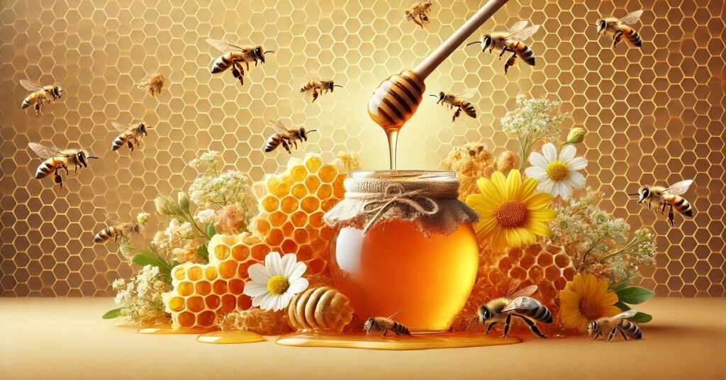 "An inviting, high-resolution image showcasing a natural scene with honey, honeycomb, and bees. The centerpiece is a jar of honey with a honey dipper dripping golden honey, surrounded by honeycomb structures, vibrant flowers, and bees flying or resting on the honeycomb. The background features a subtle honeycomb pattern, creating a warm and organic atmosphere ideal for topics related to honey, beekeeping, or nature.