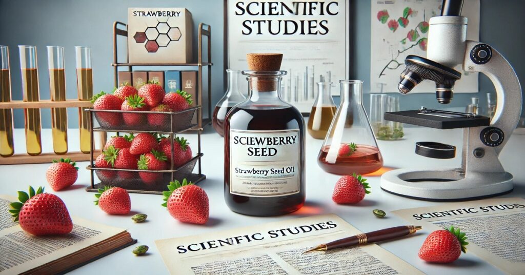 An image of a bottle of strawberry seed oil surrounded by study and scientific tools such as test tubes and a microscope, along with fresh strawberries. The image focuses on scientific studies and research on the benefits of strawberry seed oil for the skin and hair, with professional lighting that highlights the healthy and natural character of the product.