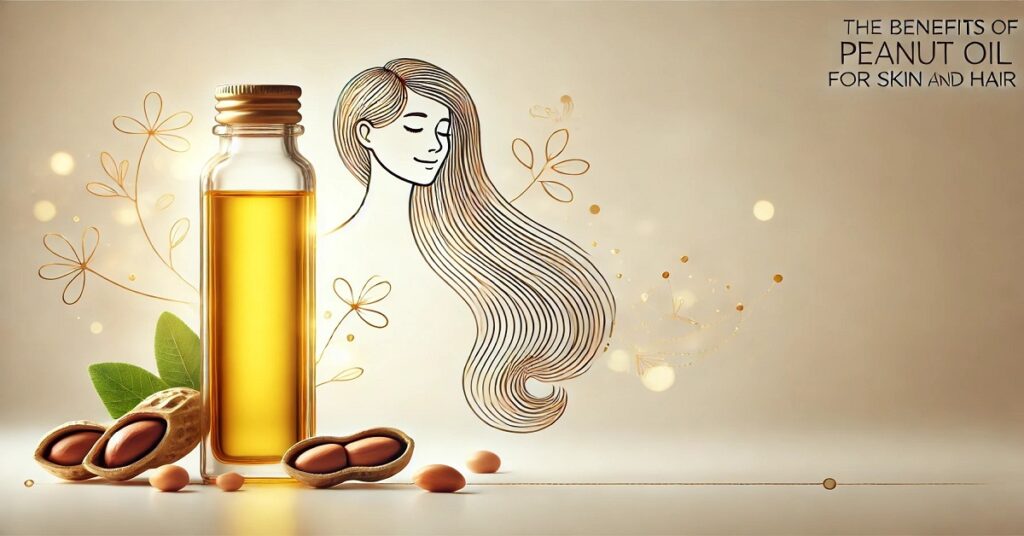 A glass bottle of golden-yellow peanut oil is placed alongside peanuts and green leaves on a smooth, light background. To the side, an elegant line drawing of a woman with long, flowing hair symbolizes the skin and hair benefits of peanut oil. The text 'The Benefits of Peanut Oil for Skin and Hair' is displayed at the top right, giving the image a clean, natural, and beauty-focused theme