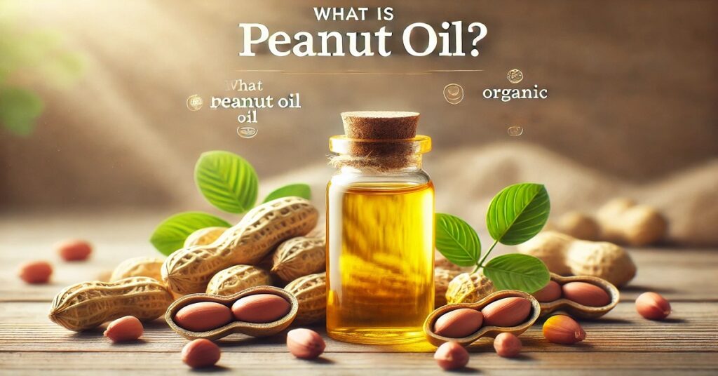 A glass bottle of golden-yellow peanut oil sits on a wooden surface surrounded by whole and split peanuts with shells, along with green leaves, under soft natural lighting. The text 'What Is Peanut Oil?' is prominently displayed at the top, giving the image an organic and natural theme