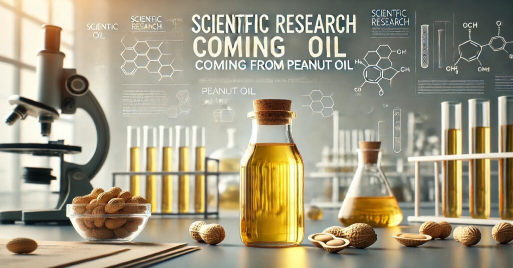 A laboratory scene showing a bottle of golden peanut oil on a table with peanuts in a glass bowl, surrounded by test tubes, beakers, and scientific equipment. The background features chemical structures and text referencing scientific research, emphasizing studies related to peanut oil.