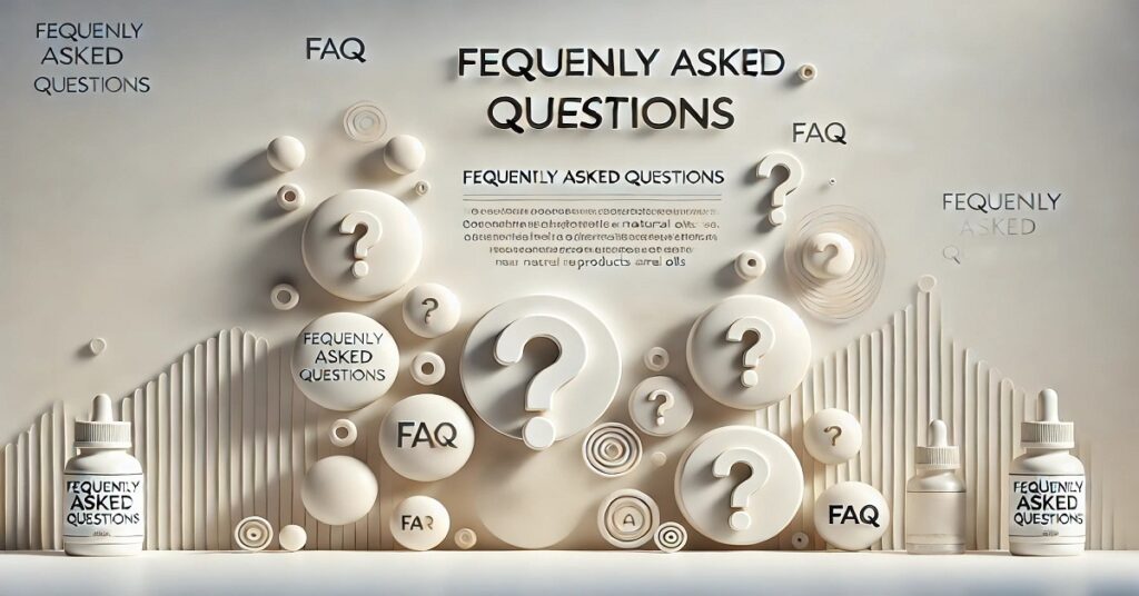 A visually engaging design centered around 'Frequently Asked Questions.' The image features large question marks and the abbreviation 'FAQ' arranged in a modern, minimalist style. Small bottles labeled 'Frequently Asked Questions' are included, along with various circular shapes, creating a clean and organized appearance that highlights the theme of inquiries and answers.