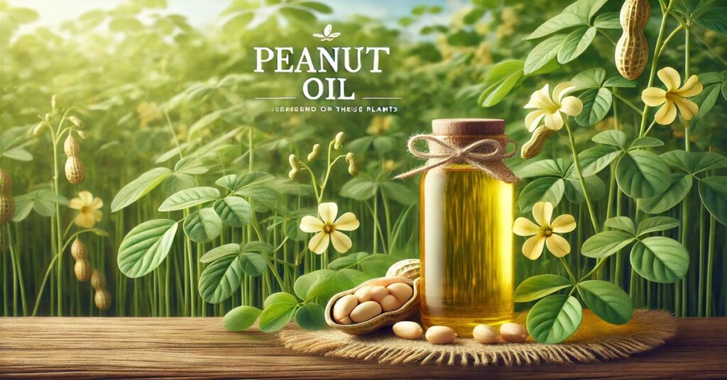 A bottle of peanut oil is placed on a rustic wooden surface, surrounded by peanut plants with green leaves, yellow flowers, and peanuts still attached to the stems. The scene is set in natural sunlight, emphasizing the organic source of the oil. The text 'Peanut Oil' is displayed at the top, highlighting the connection between the oil and its natural origins.