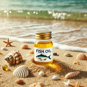 A small bottle of fish oil partially buried in the sand on a beach, surrounded by seashells and starfish. The ocean waves are visible in the background, creating a serene coastal scene. The bottle is labeled 'Fish Oil' with an illustration of a fish, emphasizing the natural, marine origin of the supplement. The golden color of the oil inside the bottle stands out against the sandy and blue-green tones of the beach and sea.