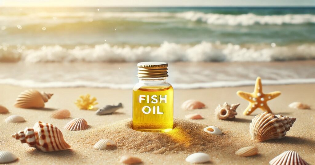 An image of a small bottle labeled 'Fish Oil' sitting on sandy beach surrounded by seashells, starfish, and coral fragments. The golden liquid inside the bottle is highlighted by the sunlight, while gentle waves and the blue-green ocean provide a calming background. The scene captures the natural and healthful essence of fish oil, evoking a sense of wellness and connection to the sea.